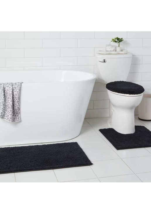 Non Slip Bath Lid and Contour Set with Rug Black